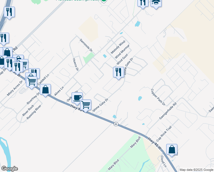 map of restaurants, bars, coffee shops, grocery stores, and more near 358 Stone Point in New Braunfels