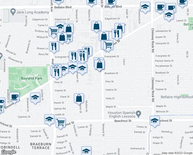 map of restaurants, bars, coffee shops, grocery stores, and more near 7714 Renwick Drive in Houston