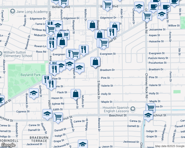 map of restaurants, bars, coffee shops, grocery stores, and more near 7714 Renwick Drive in Houston