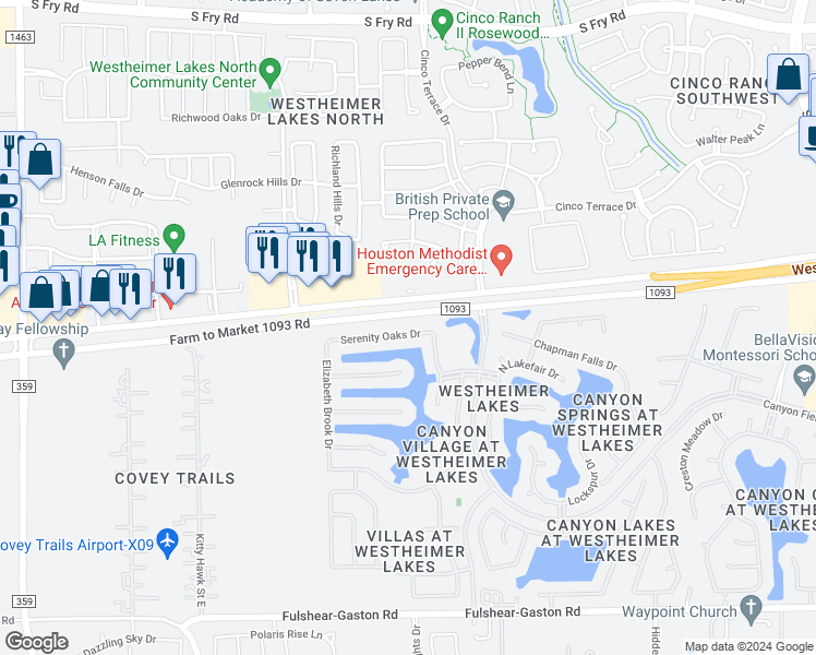 map of restaurants, bars, coffee shops, grocery stores, and more near 26126 Serenity Oaks Drive in Richmond