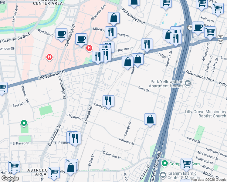 map of restaurants, bars, coffee shops, grocery stores, and more near 2903 Dupree Street in Houston