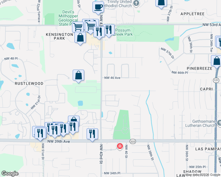 map of restaurants, bars, coffee shops, grocery stores, and more near 4140 Northwest 44th Avenue in Gainesville