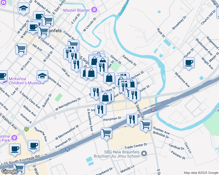 map of restaurants, bars, coffee shops, grocery stores, and more near 168 West Nacogdoches Street in New Braunfels