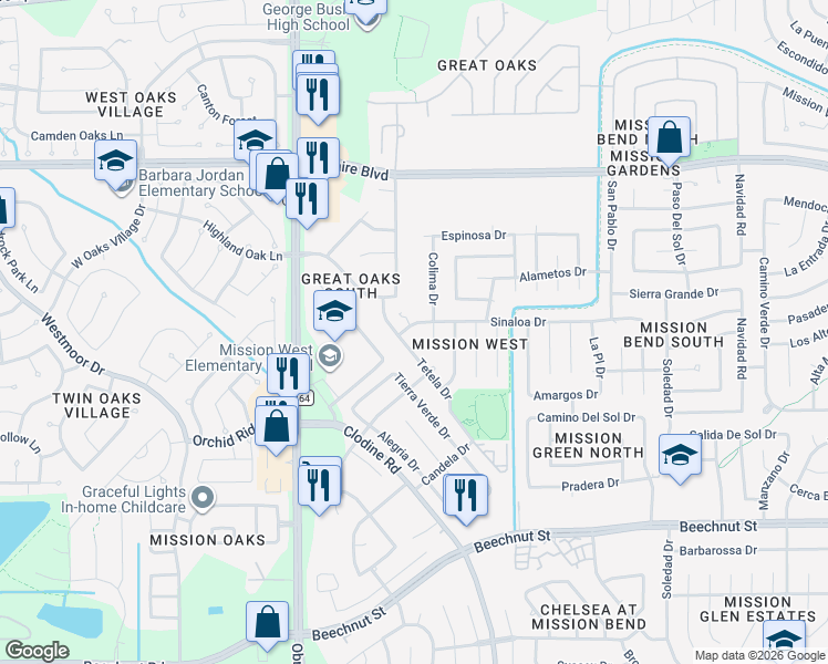 map of restaurants, bars, coffee shops, grocery stores, and more near 16815 Sinaloa Drive in Houston