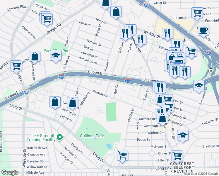 map of restaurants, bars, coffee shops, grocery stores, and more near 3143 Golfcrest Boulevard in Houston