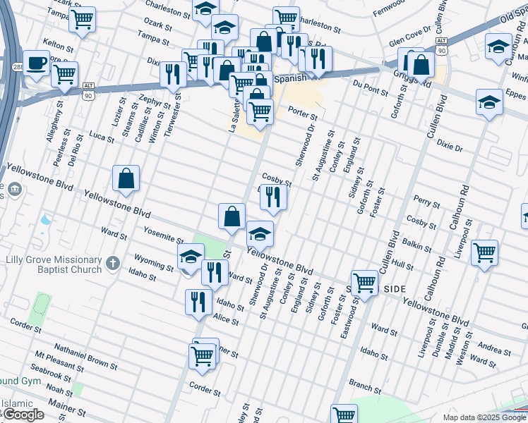 map of restaurants, bars, coffee shops, grocery stores, and more near 3928 Florinda Street in Houston