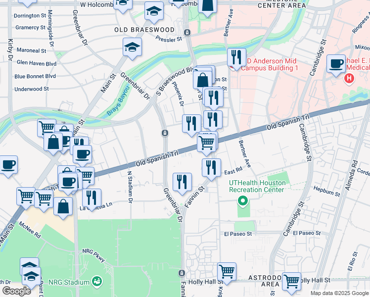 map of restaurants, bars, coffee shops, grocery stores, and more near 1715 Old Spanish Trail in Houston