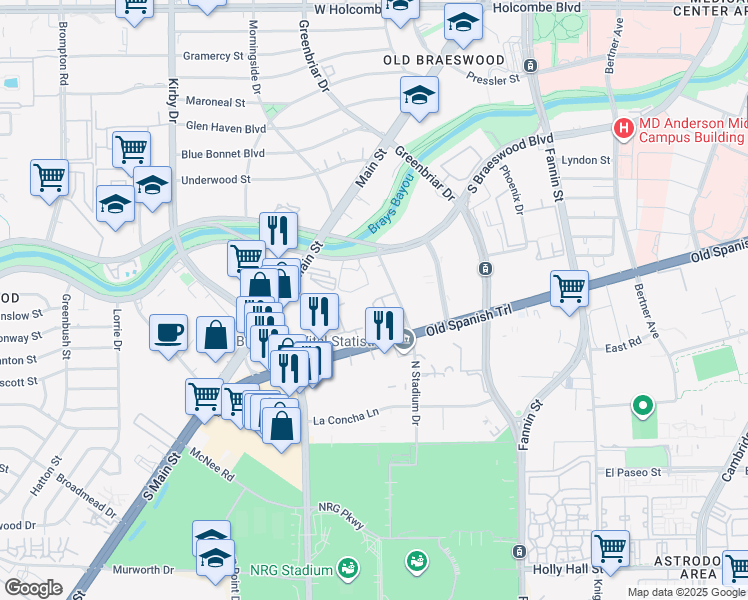 map of restaurants, bars, coffee shops, grocery stores, and more near 7950 North Stadium Drive in Houston