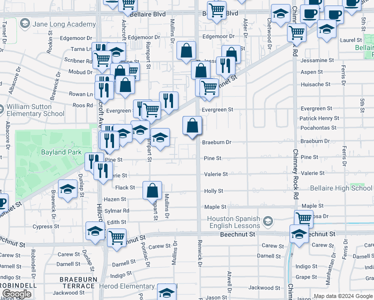 map of restaurants, bars, coffee shops, grocery stores, and more near 7714 Renwick Drive in Houston