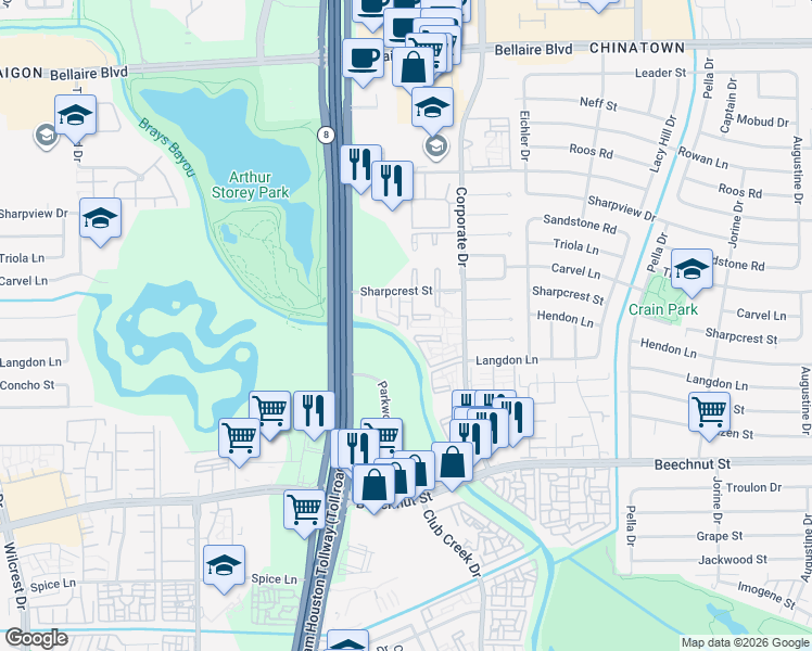 map of restaurants, bars, coffee shops, grocery stores, and more near 9901 Sharpcrest Street in Houston