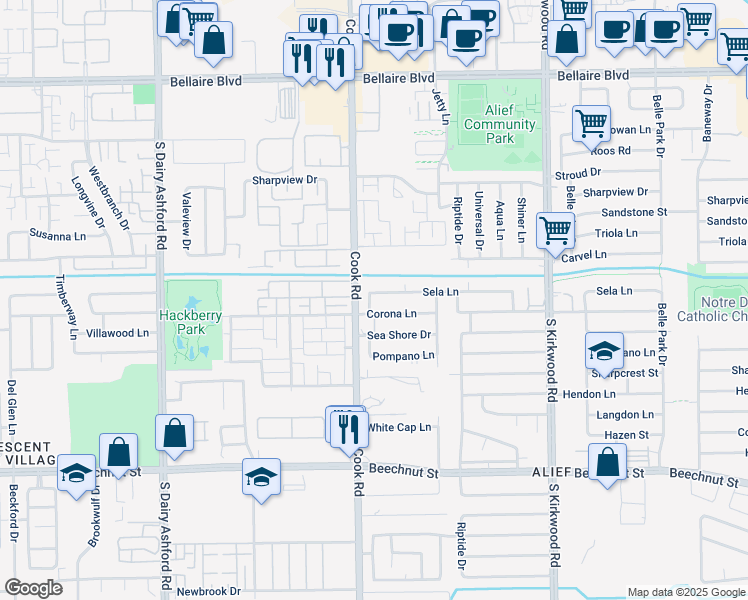 map of restaurants, bars, coffee shops, grocery stores, and more near 12219 Sela Lane in Houston