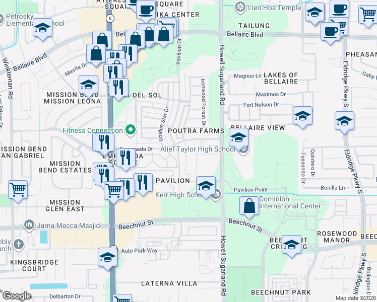 map of restaurants, bars, coffee shops, grocery stores, and more near 7614 Mesa Ranch Trl in Houston
