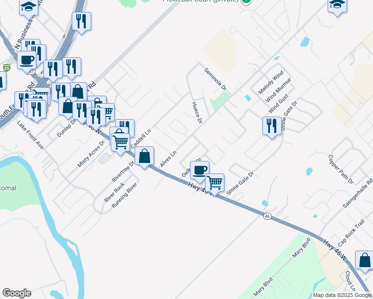 map of restaurants, bars, coffee shops, grocery stores, and more near 225 Anne Louise Drive in New Braunfels