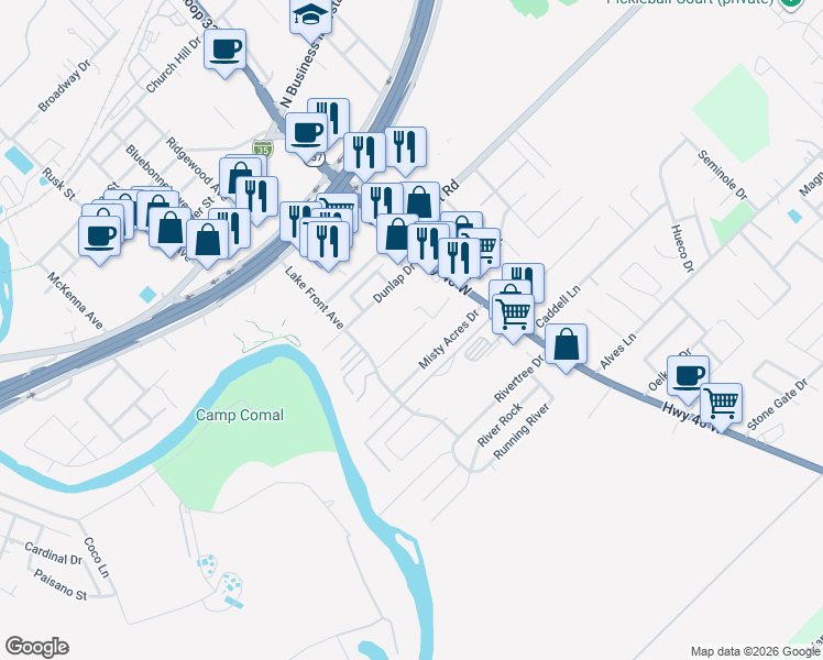 map of restaurants, bars, coffee shops, grocery stores, and more near 1077 Carolyn Cove in New Braunfels