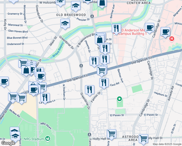 map of restaurants, bars, coffee shops, grocery stores, and more near 1715 Old Spanish Trail in Houston