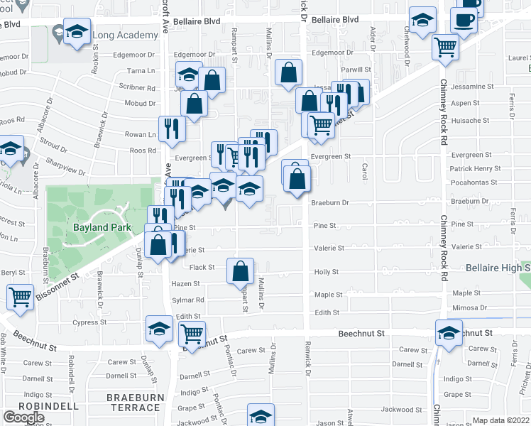 map of restaurants, bars, coffee shops, grocery stores, and more near 5523 Roslyn Court in Houston