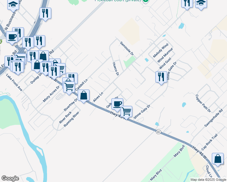 map of restaurants, bars, coffee shops, grocery stores, and more near 235 Anne Louise Drive in New Braunfels