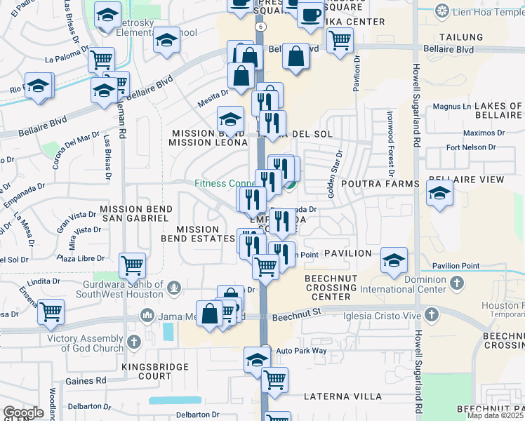 map of restaurants, bars, coffee shops, grocery stores, and more near Hwy 6 & Empanada Dr in Houston