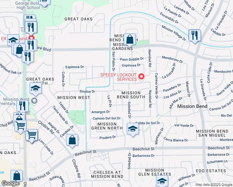 map of restaurants, bars, coffee shops, grocery stores, and more near 7418 San Pablo Drive in Houston