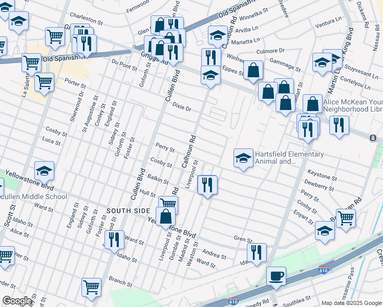 map of restaurants, bars, coffee shops, grocery stores, and more near 4601 Perry Street in Houston