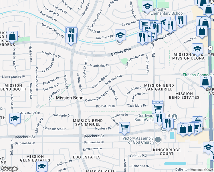 map of restaurants, bars, coffee shops, grocery stores, and more near 15503 Empanada Drive in Houston