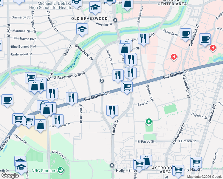 map of restaurants, bars, coffee shops, grocery stores, and more near 1711 Old Spanish Trail in Houston