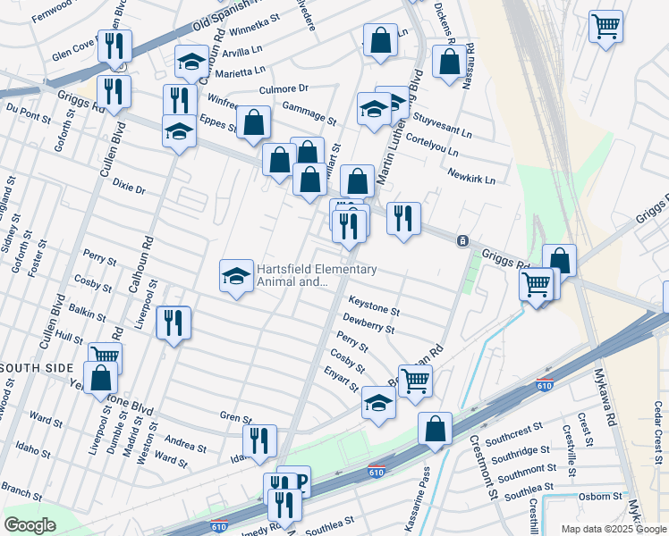 map of restaurants, bars, coffee shops, grocery stores, and more near 5123 Kingsbury Street in Houston
