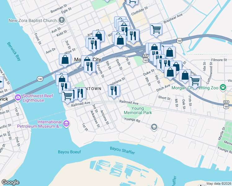 map of restaurants, bars, coffee shops, grocery stores, and more near 459 Idaho Street in Morgan City