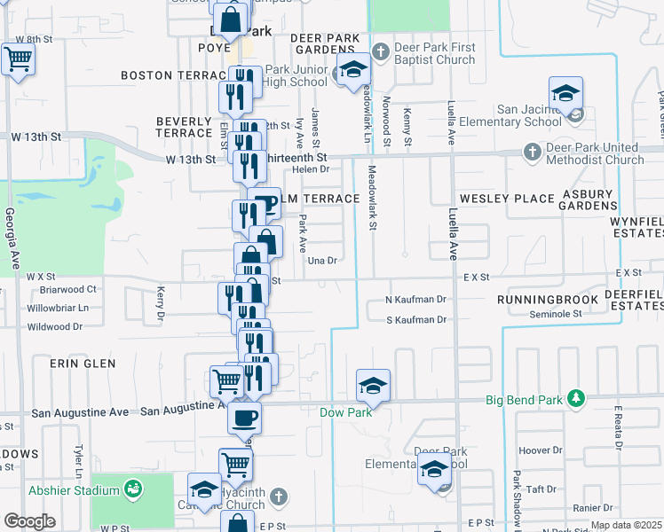 map of restaurants, bars, coffee shops, grocery stores, and more near 402 Una Drive in Deer Park
