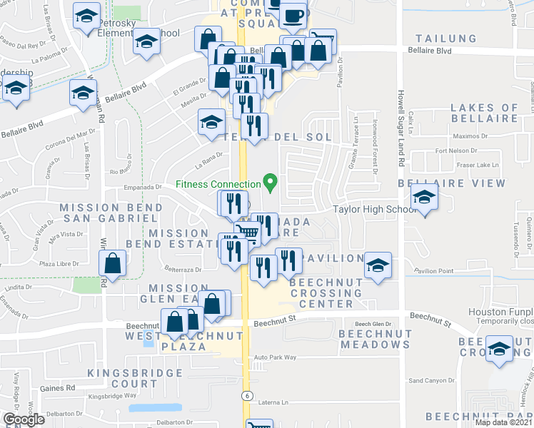 map of restaurants, bars, coffee shops, grocery stores, and more near 14405 Empanada Drive in Houston