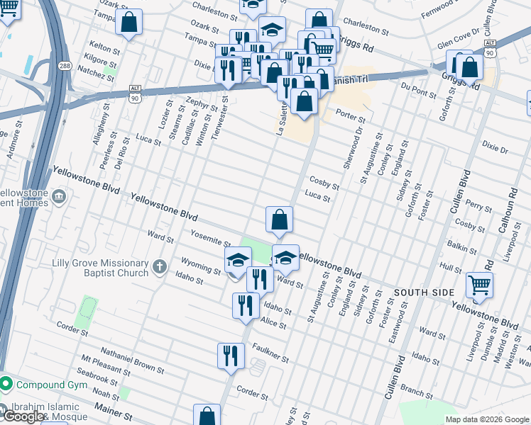 map of restaurants, bars, coffee shops, grocery stores, and more near 3810 Daphne Street in Houston