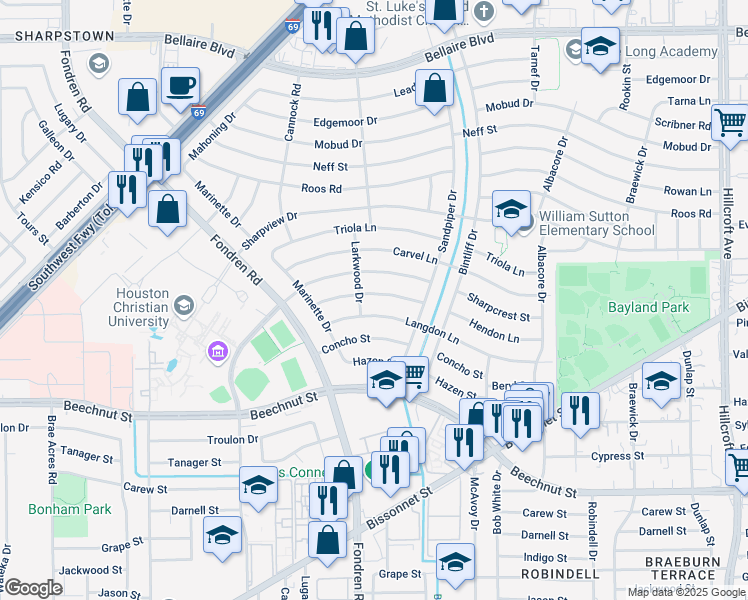 map of restaurants, bars, coffee shops, grocery stores, and more near 7043 Hendon Lane in Houston