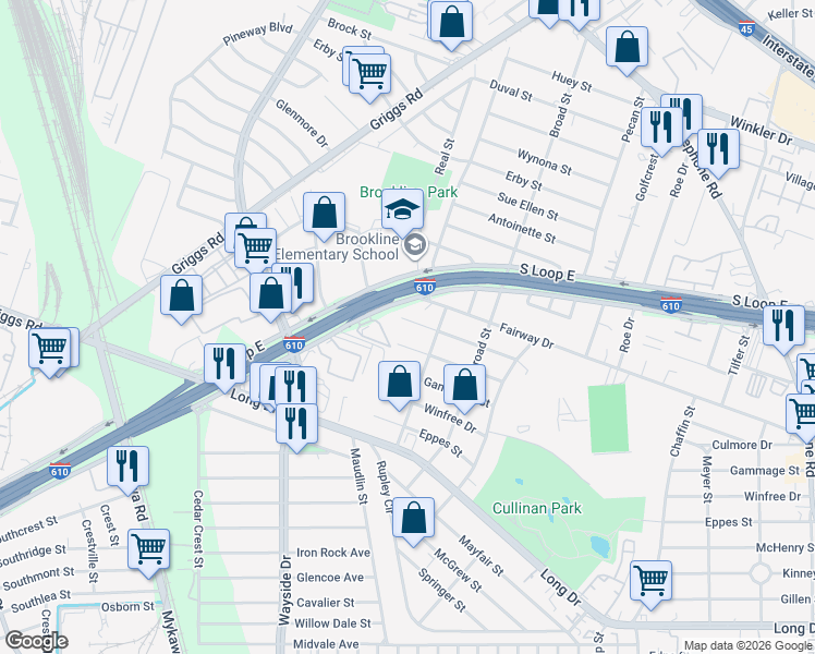 map of restaurants, bars, coffee shops, grocery stores, and more near 6312 Sloan Street in Houston