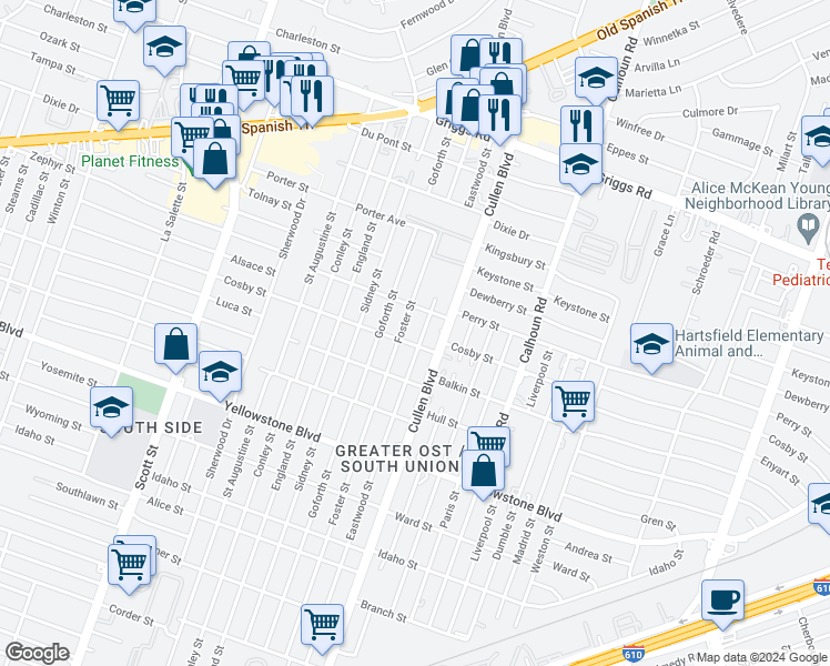 map of restaurants, bars, coffee shops, grocery stores, and more near 6318 Eastwood Street in Houston