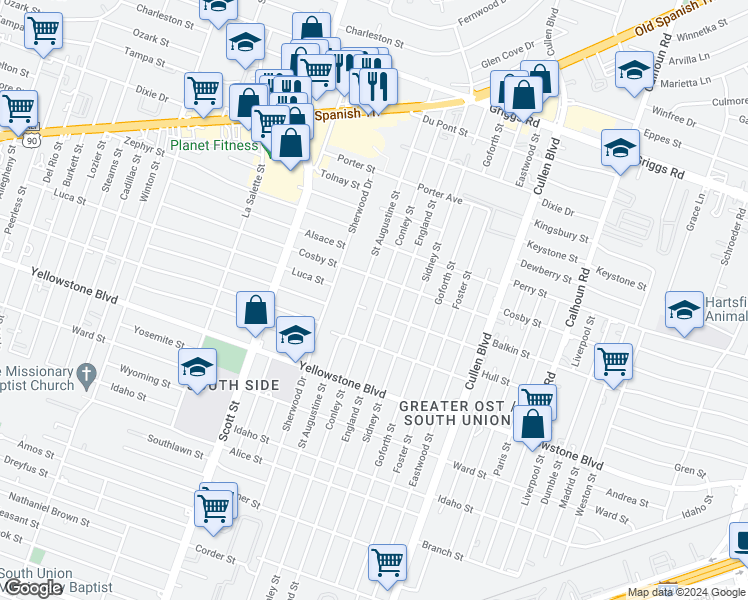map of restaurants, bars, coffee shops, grocery stores, and more near 6420 Conley Street in Houston