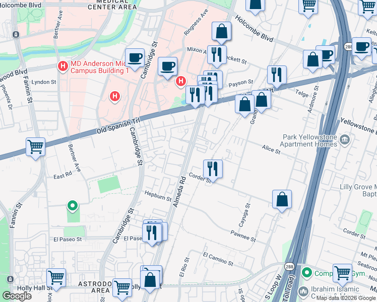 map of restaurants, bars, coffee shops, grocery stores, and more near 7017 Almeda Road in Houston