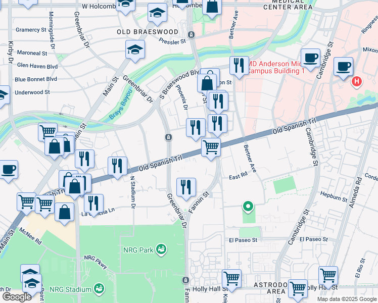 map of restaurants, bars, coffee shops, grocery stores, and more near 1715 Old Spanish Trail in Houston