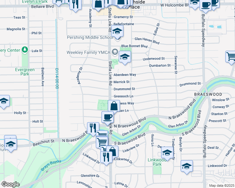 map of restaurants, bars, coffee shops, grocery stores, and more near 3829 Drummond Street in Houston