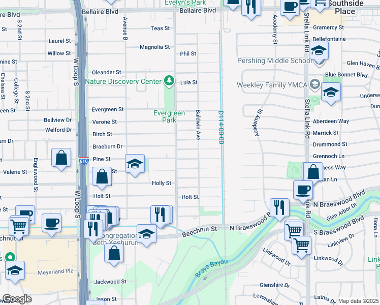 map of restaurants, bars, coffee shops, grocery stores, and more near 4405 Effie Street in Bellaire