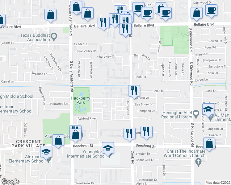 map of restaurants, bars, coffee shops, grocery stores, and more near 7520 Cook Road in Houston