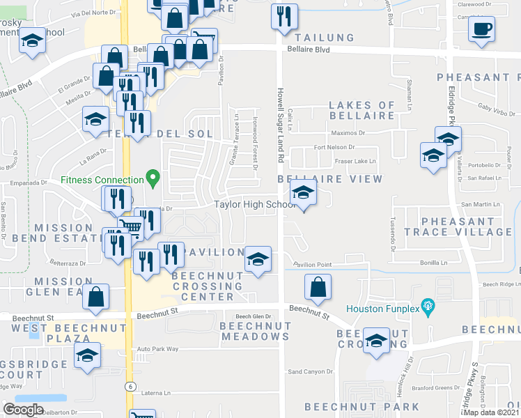 map of restaurants, bars, coffee shops, grocery stores, and more near 14226 Campo Vista Drive in Houston