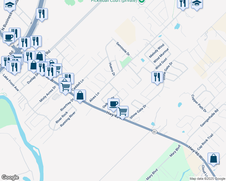 map of restaurants, bars, coffee shops, grocery stores, and more near 957 Floating Star in New Braunfels