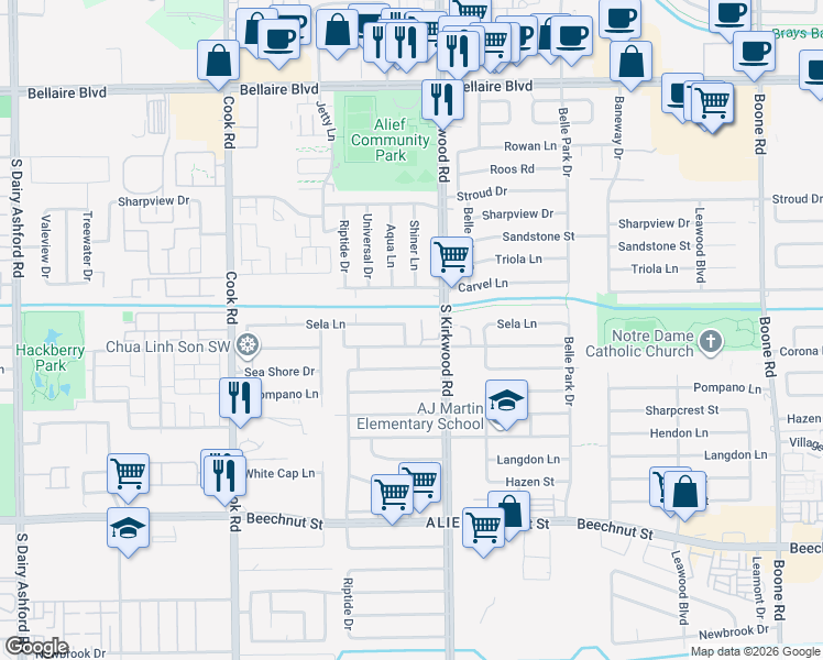 map of restaurants, bars, coffee shops, grocery stores, and more near 12010 Sela Lane in Houston