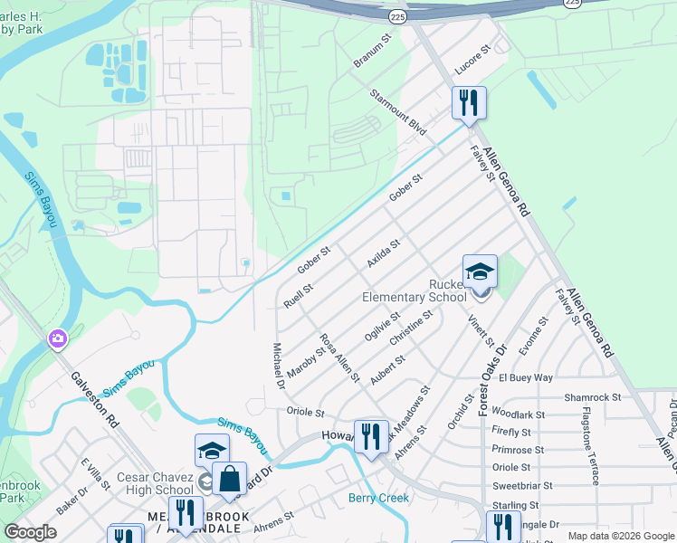 map of restaurants, bars, coffee shops, grocery stores, and more near 1015 Ruell Street in Houston