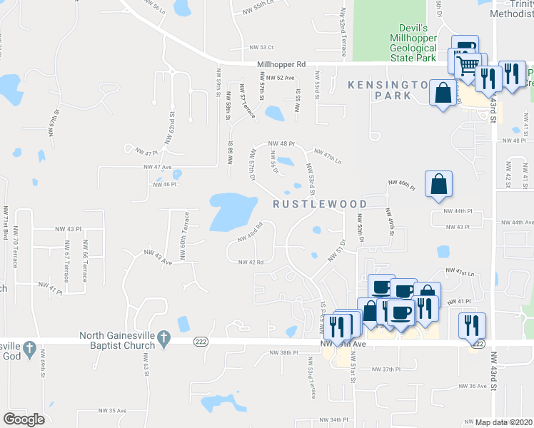 map of restaurants, bars, coffee shops, grocery stores, and more near 5618 Northwest 43rd Road in Gainesville
