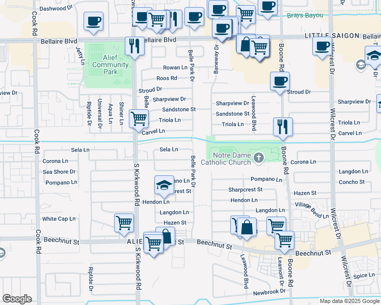 map of restaurants, bars, coffee shops, grocery stores, and more near 11603 Sela Lane in Houston