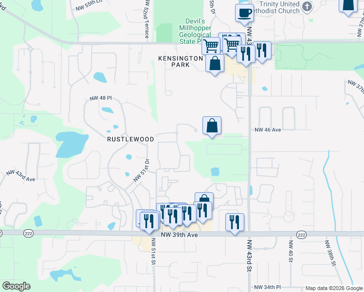 map of restaurants, bars, coffee shops, grocery stores, and more near 4481 Northwest 49th Street in Gainesville