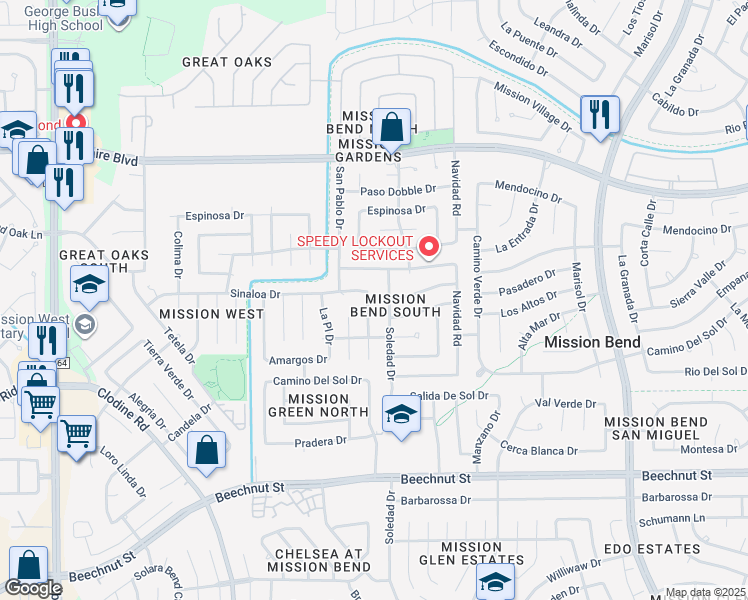 map of restaurants, bars, coffee shops, grocery stores, and more near 7415 Lobera Drive in Houston