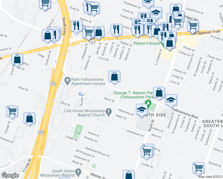 map of restaurants, bars, coffee shops, grocery stores, and more near 3520 Yellowstone Boulevard in Houston