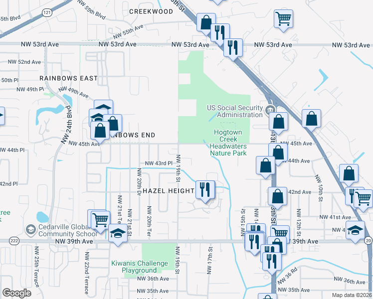 map of restaurants, bars, coffee shops, grocery stores, and more near 4451 Northwest 19th Street in Gainesville
